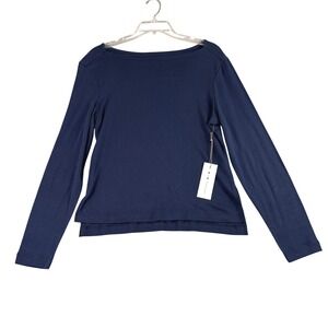 Three Dots Womens M Navy Blue Boat Neck Long Sleeve Top Preppy Minimalist Casual